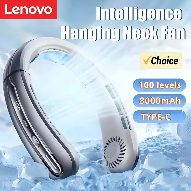 Lenovo 8000mAh Portable Neck Fan Bladeless Neckband Fan Digital Display Power Air Cooler USB Rechargeable Electric Fan---Free Shipping