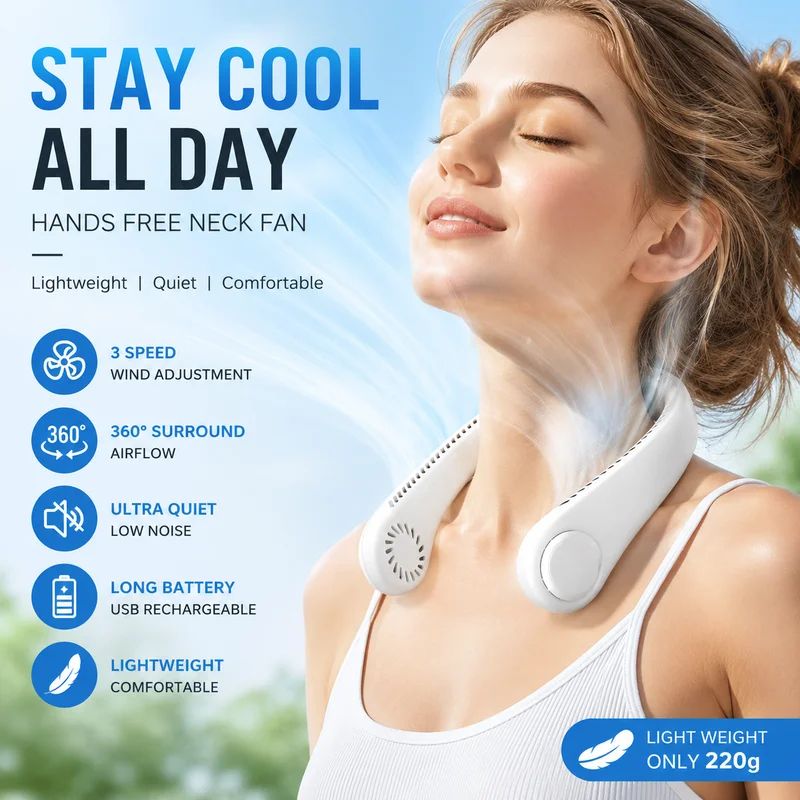 USB Rechargeable Neck Fan, Hands-Free Bladeless Cooling Fan, Quiet Wearable Design, 3-Speed Airflow, Long Battery Life for Summer Travel and Outdoor Use---Free Shipping