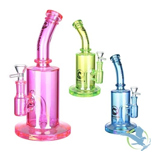 Dragon Glass Water Pipe Colored Transparent Cylinder Base Design With Tire Perc - 538 Grams - 9.5 Inches