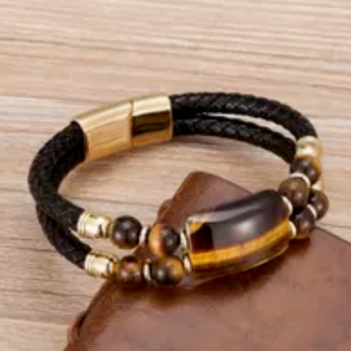 Male Jewelry Genuine Leather Bracelet Tiger Eye Beads Bracelets Charm Stainless
