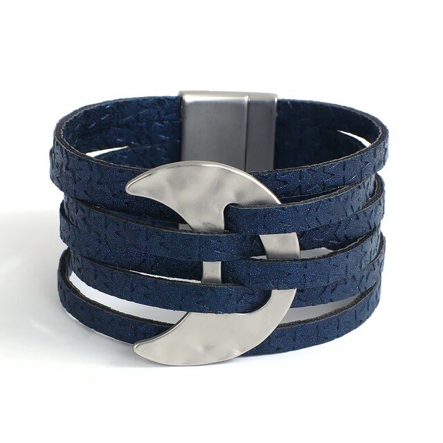 NAVY MOON LEATHER STRAND BRACELET WITH MAGNETIC CLASP