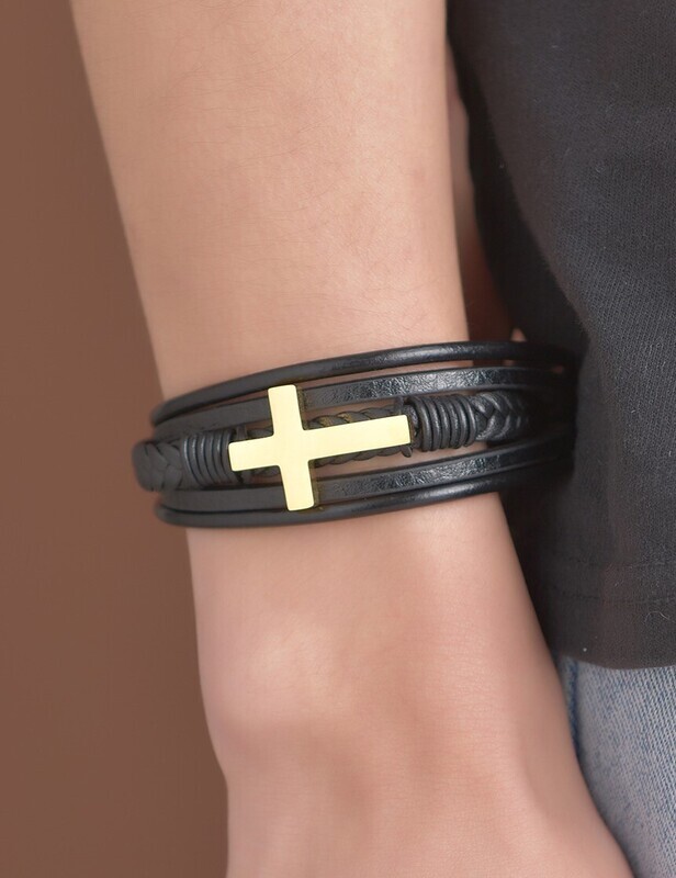 BLACK LEATHER GOLD CROSS BRACELET