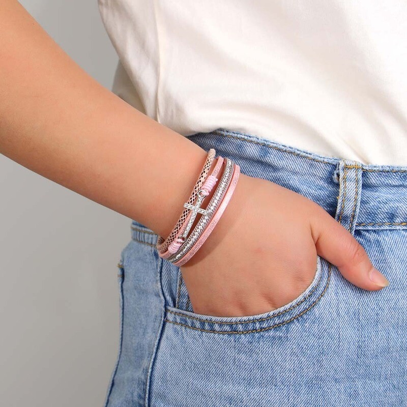 PINK LEATHER CROSS BRACELET MAGNETIC CATCH