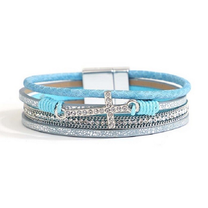 BLUE LEATHER CROSS BRACELET