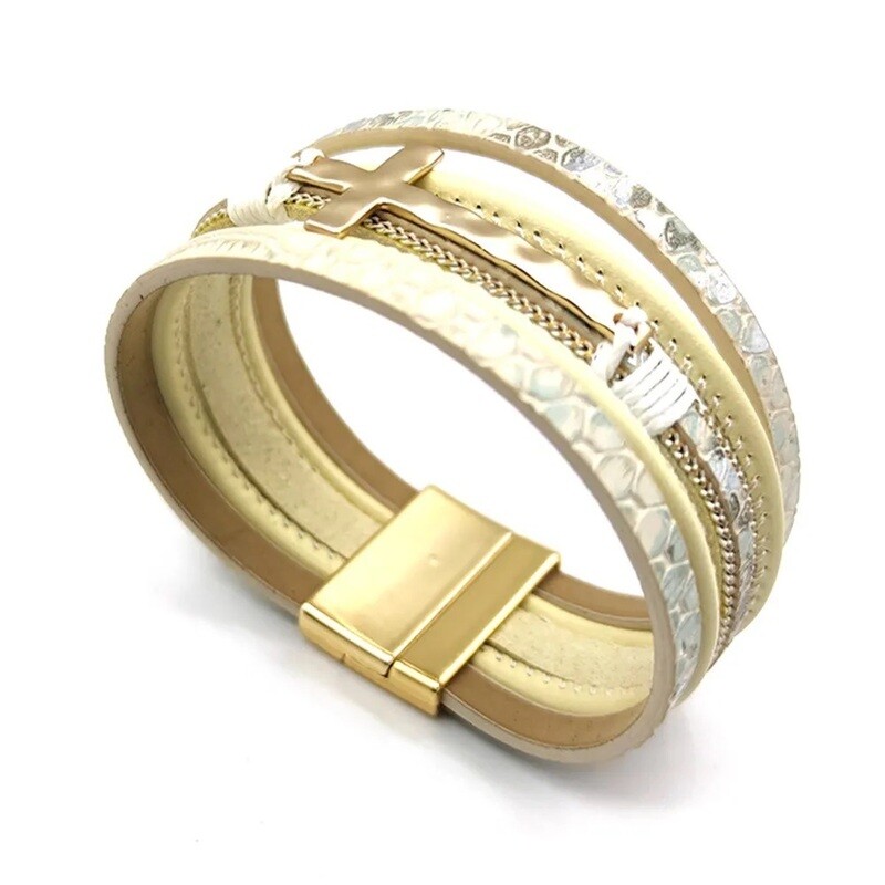 GOLD LEATHER CROSS BRACELET MAGNETIC CATCH