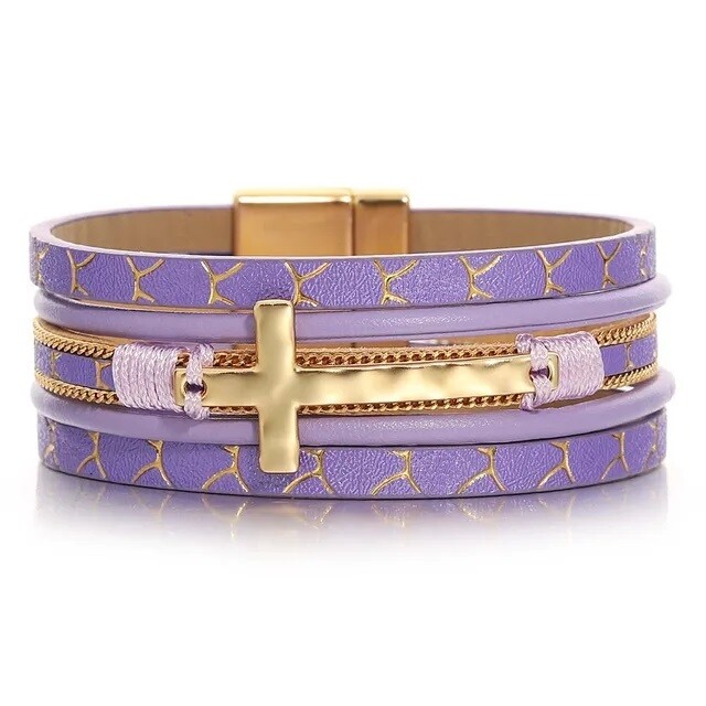 PURPLE LEATHER CROSS BRACELET