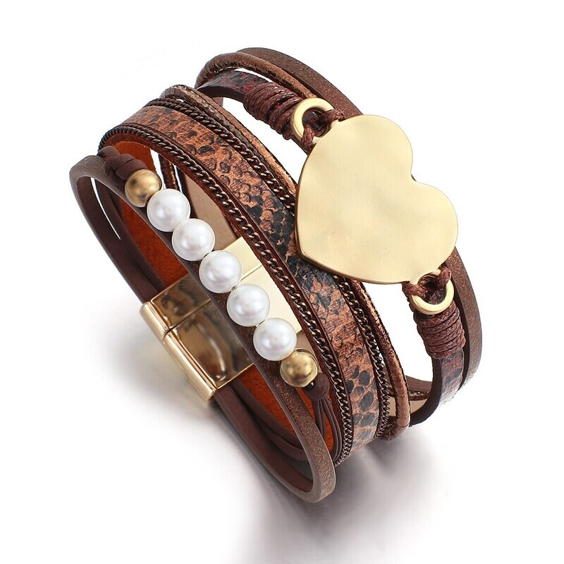 BROWN LEATHER HEART BRACELET
