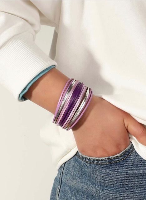 PURPLE PINK &amp; SILVER LEATHER BRACLET