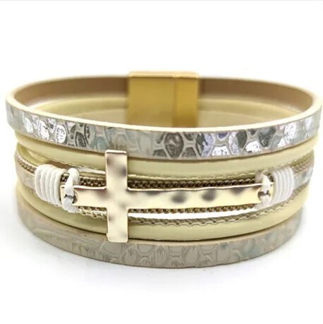 GOLD LEATHER CROSS BRACELET MAGNETIC CATCH