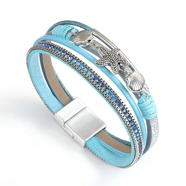 BLUE TURTLE &amp; STARFISH LEATHER BRACELET
