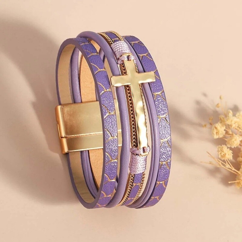 PURPLE LEATHER CROSS BRACELET