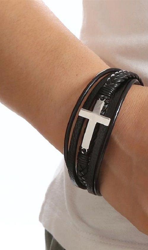 BLACK LEATHER SILVER CROSS BRACELET