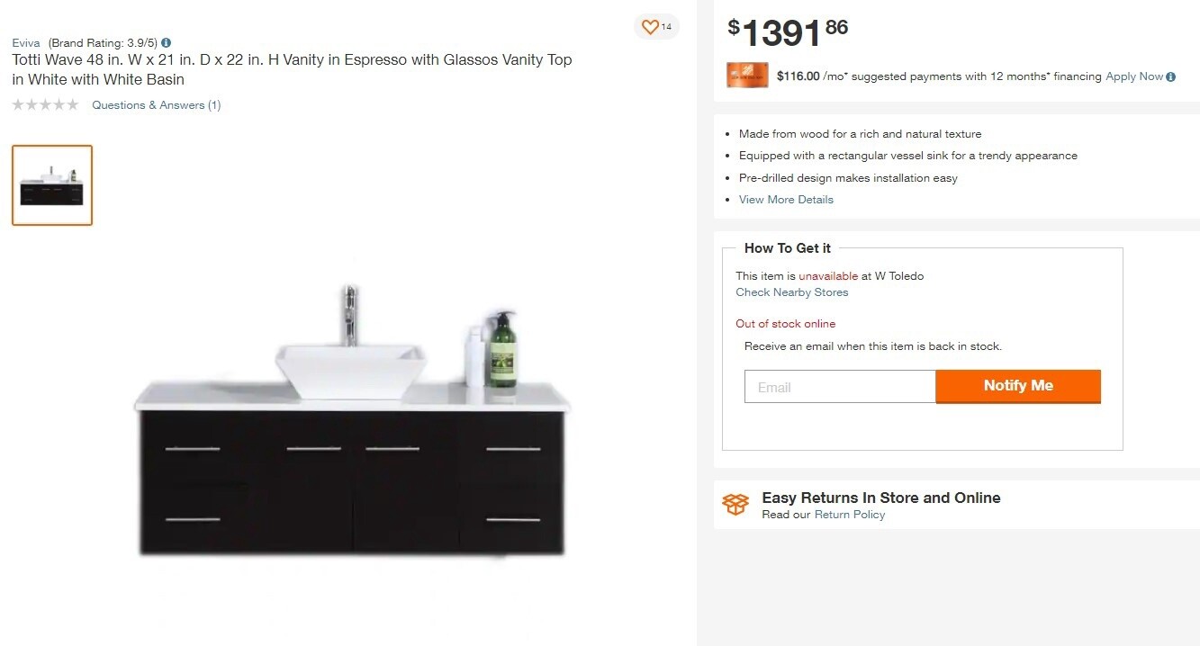 Eviva Totti Wave 48 in. W x 21 in. D x 22 in. H Vanity in Espresso with Glassos Vanity Top in White with White Basin