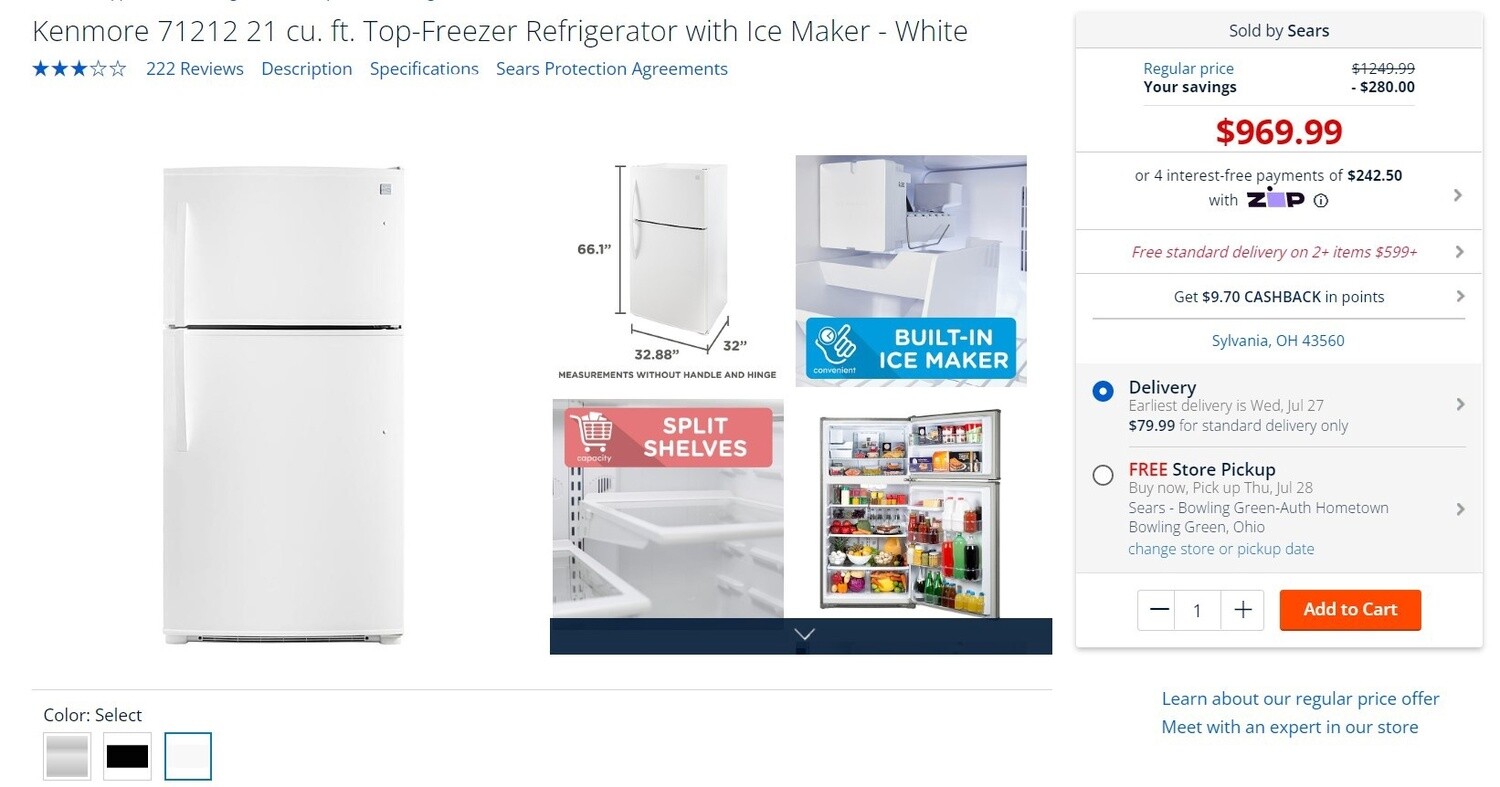 Kenmore 71212 21 cu. ft. Top-Freezer Refrigerator with Ice Maker - White