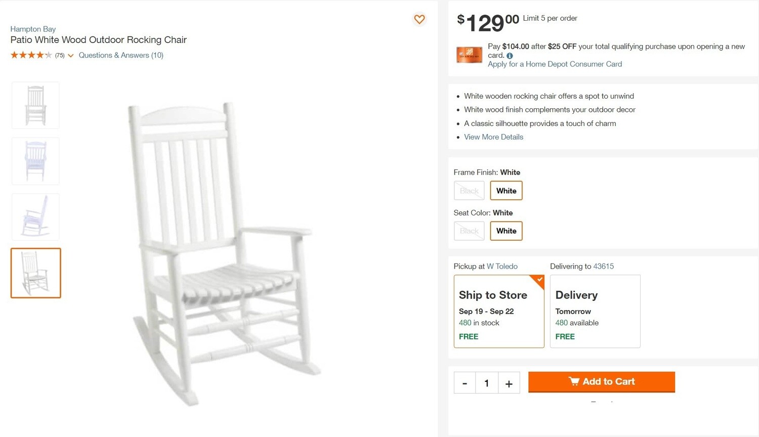 PATIO WHITE WOOD OUTDOOR ROCKING CHAIR