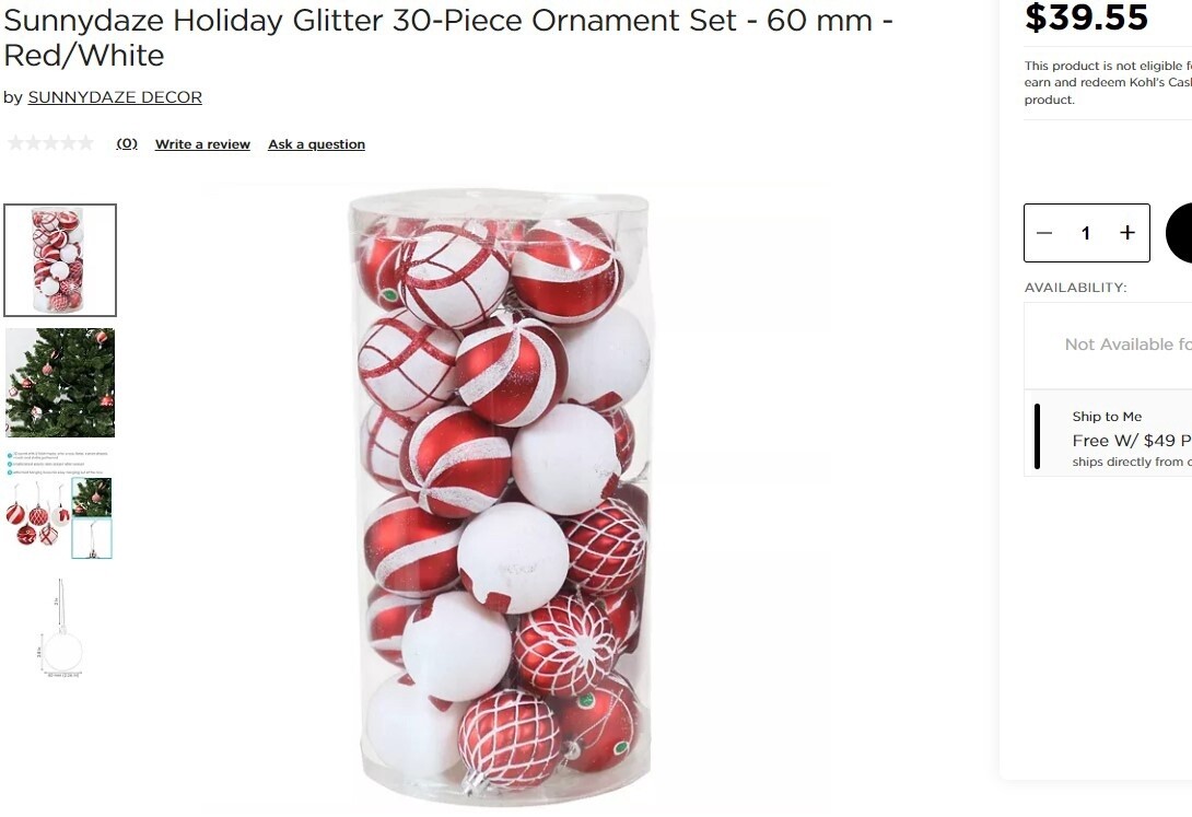 Sunnydaze Holiday Glitter 30-Piece Ornament Set - 60 mm - Red/White