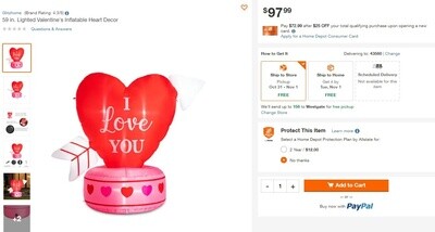 59 in. Lighted Valentine's Inflatable Heart Décor