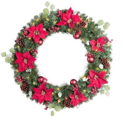 32 in. Berry Bliss Battery Operated Mixed Pine LED Pre-Lit Artificial Christmas Wreath