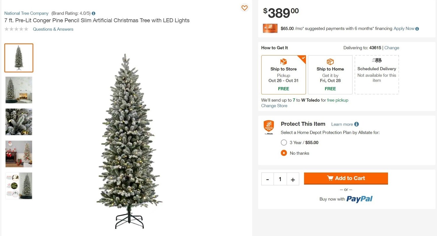 7 ft. Pre-Lit Conger Pine Pencil Slim Artificial Christmas Tree with LED Lights