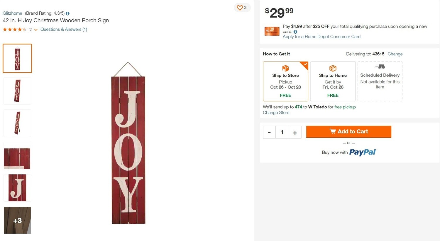 42 in. H Joy Christmas Wooden Porch Sign
