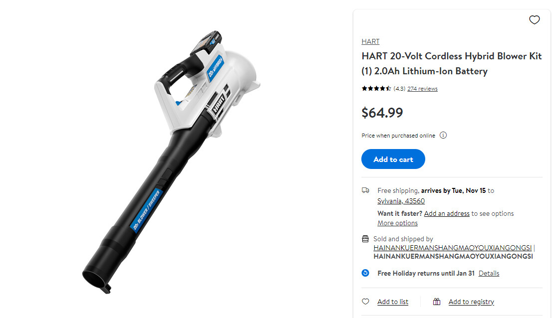 HART 20-Volt Cordless Hybrid Blower Kit  2.0Ah Lithium-Ion Battery