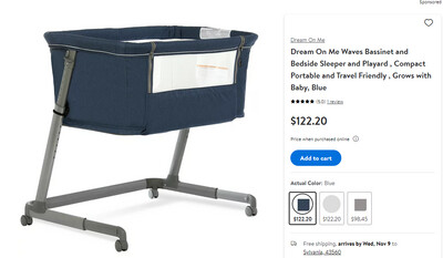 Dream On Me Waves Bassinet and Bedside Sleeper and Playard , Compact Portable and Travel Friendly ,