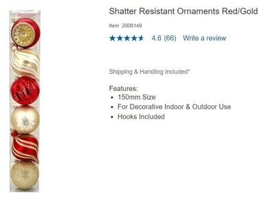 Shatter Resistant Ornaments Red/Gold, Set of 6