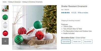 6 PC ORNAMENTS RED/GREEN SHATTER RESISTANT
