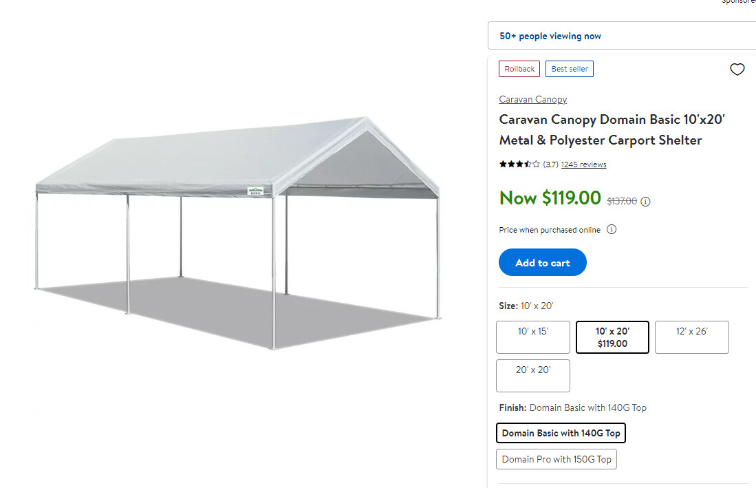 Caravan Canopy Domain Basic 10x20 Metal & Polyester Carport Shelter