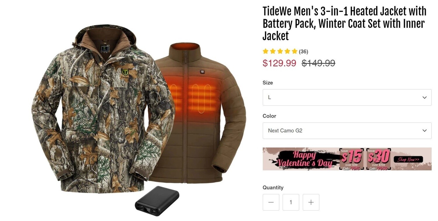 TideWe Men's 3-in-1 Heated Jacket with Battery Pack