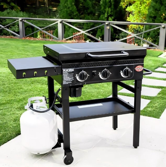 Char-Griller Flat Iron 3-Burner Outdoor Griddle Gas Grill with Lid in Black