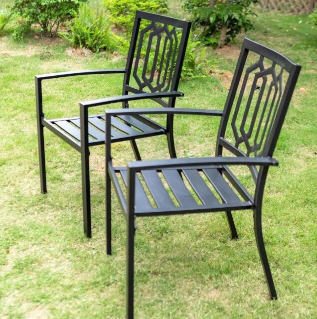 Black Stackable Metal Patio Outdoor Dining Chair - Pair
