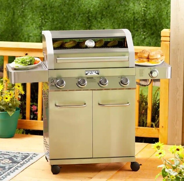 Monument Grill 4-Burner Propane Gas Grill in Stainless w/Clear View Lid, LED Controls & Side Burner