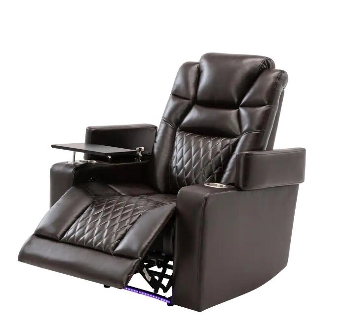 Brown Power Motion Recliner Home Theater Seating with 2-Cup Holders Swivel Tray Table, USB Charging Port and Arm Storage