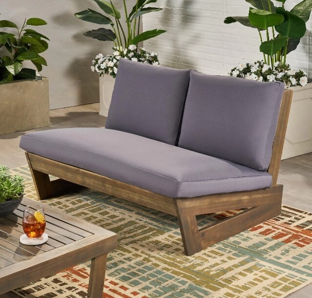 Noble House Sherwood Grey Wood Outdoor Loveseat with Dark Grey Cushions