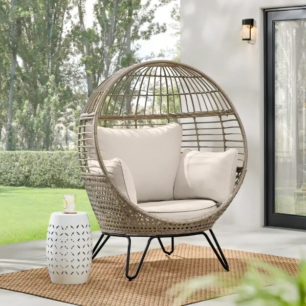 Tan Stationary Wicker Round Outdoor Lounge Egg Chair w/Almond Biscotti