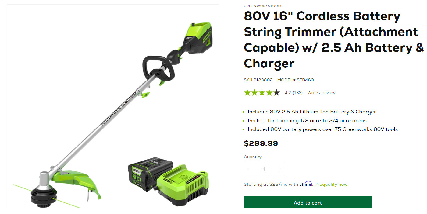 Greenworks 80V Trimmer (Attach Capable) w/ Battery & Charger