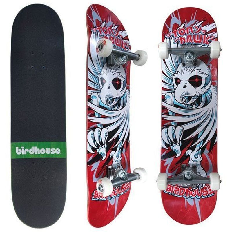 Birdhouse Birdhouse Hawk Spiral 8.0 Red Skateboard mit Griptape Seitenansicht und Unterseite