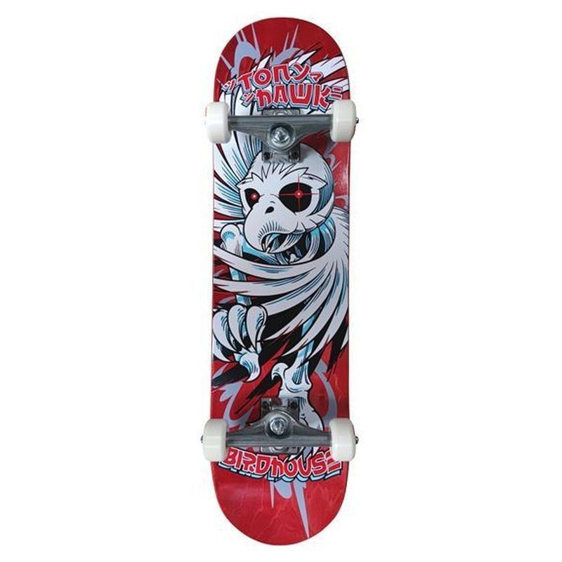Birdhouse Hawk Spiral 8.0 Red Skateboard mit Griptape Seitenansicht und Unterseite
