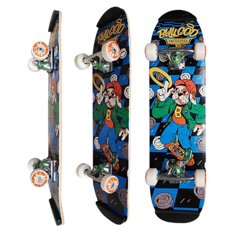 Freestyle Skateboard Bullgod 7.6 Bullgod Freestyle 7.6 x 28.5 Zoll Komplettboard – drei Ansichten