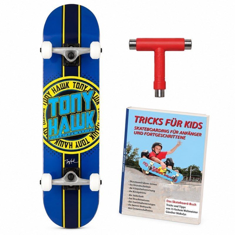 Tony Hawk „Badge Logo“ 7.5 Tony Hawk Badge Logo 7.5 Skateboard Set mit Skatebuch Tricks für Kids und Skate-Tool