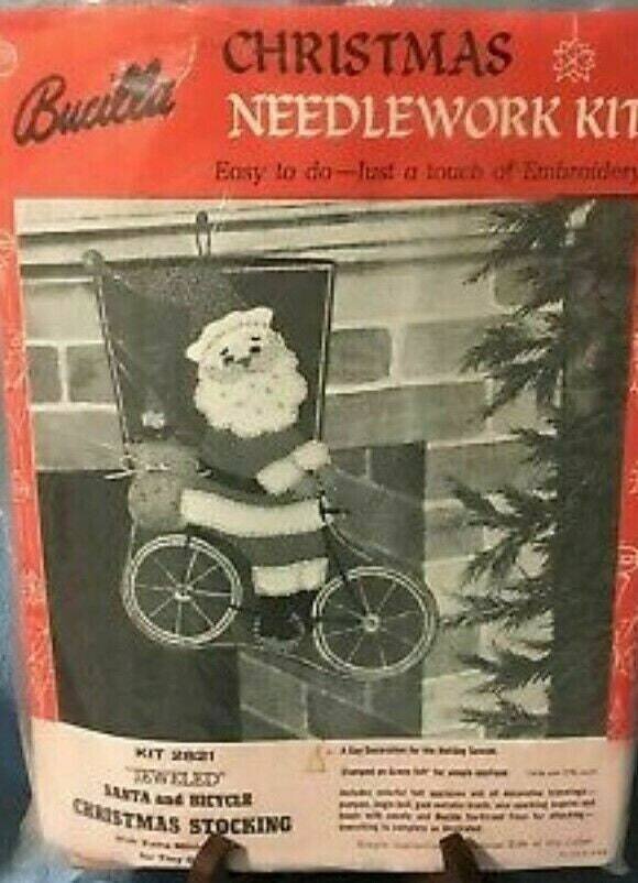 RARE 1950's FINISHED Bucilla Felt Christmas Stocking Santa and Bicycle Kit 2821 Santa Claus Sequins Beads Bell Rare Vintage Stocking