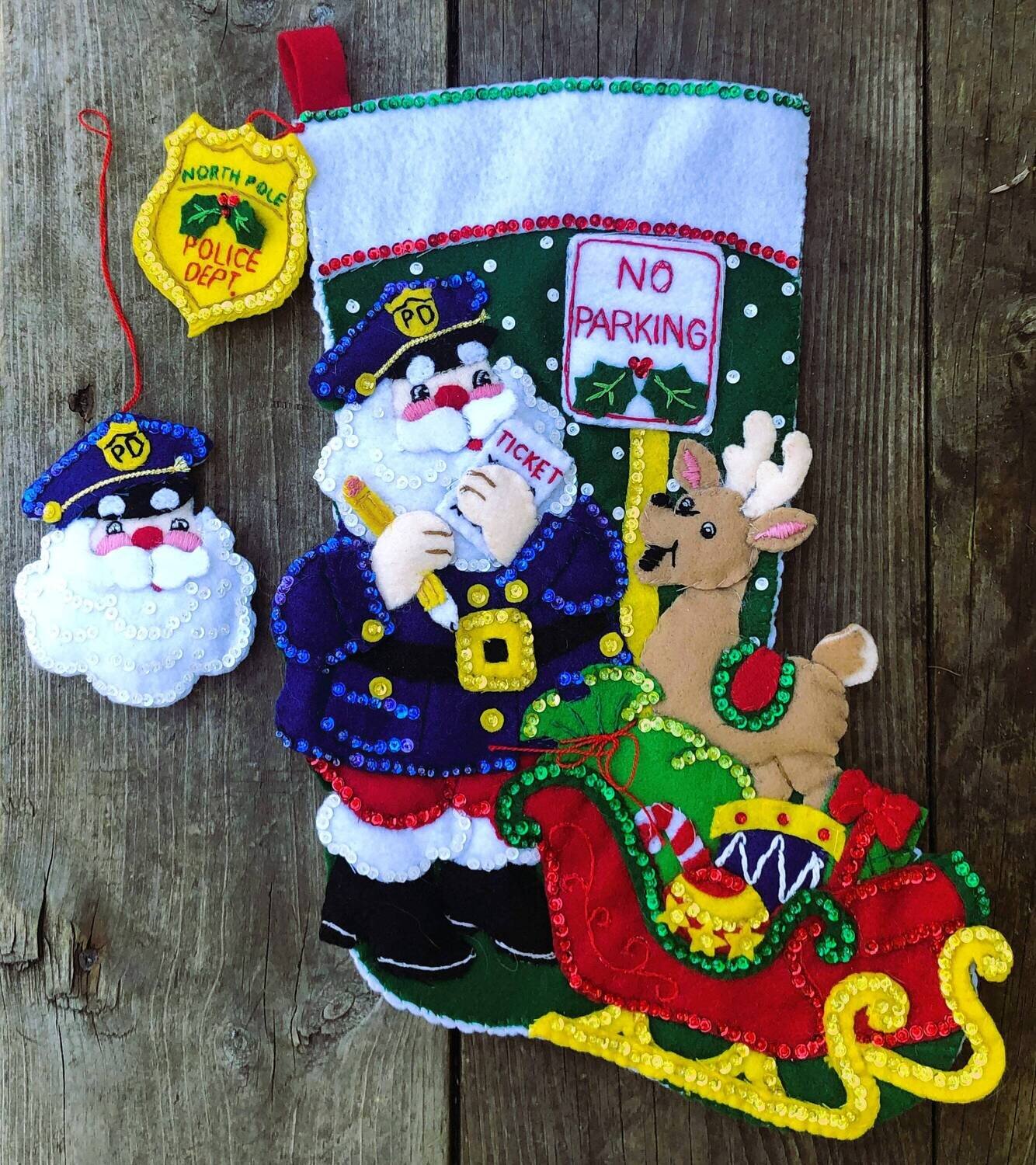 Handmade Christmas Stockings Bucilla Police Officer Santa 150th Anniversary Stocking Finished Kit  Personalised Gift With Ornament