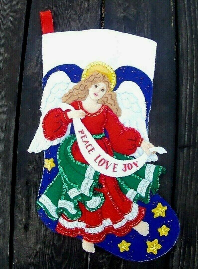 Bucilla Christmas Stockings Handmade CELESTIAL ANGEL Red Festive Holiday Fireplace Mantle Wall Door Decoration for Family Couples