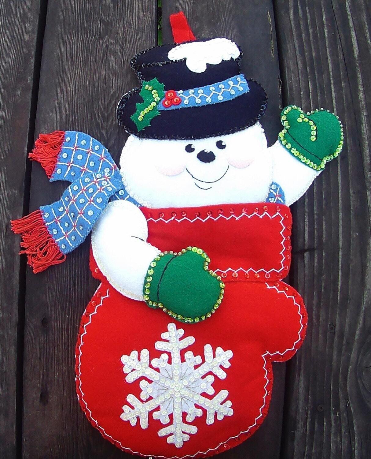 Custom HANDMADE Christmas Stocking BUCILLA "Snowman Mittens" Felt Stocking - Kit #84940 - Vintage Holiday Decor Personalized Stocking