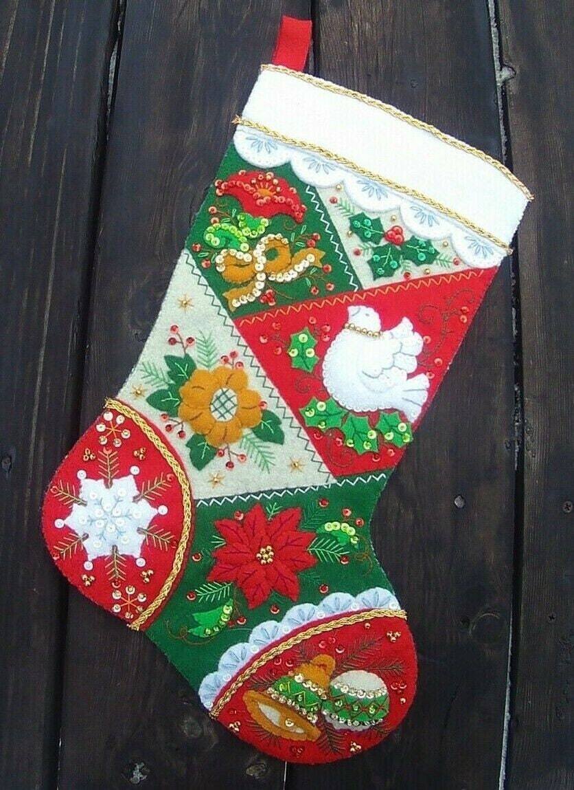 STUNNING Bucilla HANDMADE Elegant Patchwork Christmas Stocking Made From Kit #89261E Beads Sequins Felt Applique Doves Poinsettia