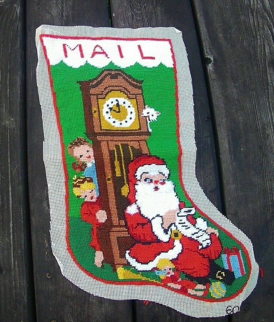Handmade Rare 80's Bucilla Painted Christmas Stocking Santa W/ Clock Needlepoint FRONT Christmas Decor Santa Holiday Decorating Gift Idea