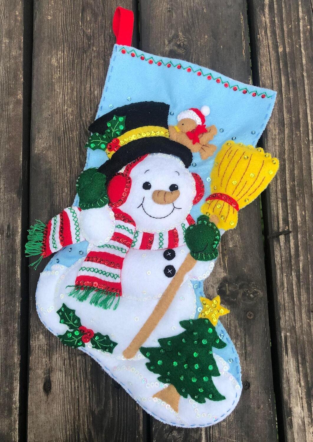 Handmade Finished Bucilla Christmas Stocking Snowman With Broom Festive Holiday Fireplace Holiday Wall Art Custom Decor Family Gift
