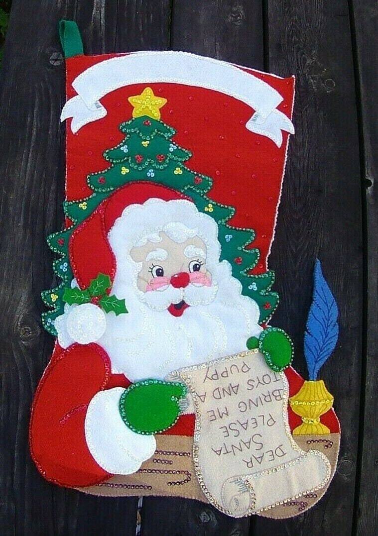 New Handmade FINISHED Bucilla JUMBO Dear Santa Felt Christmas Stocking Felt 83670 Applique Sequins Beads Oh My!