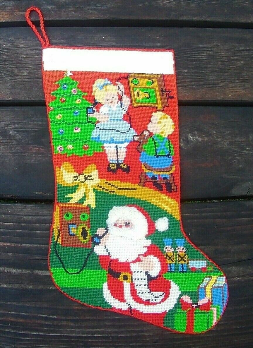 VERY RARE 1970's FINISHED Bucilla 60521 Painted Needlepoint Santa Christmas Stocking Handmade Felt Santa Claus Kids Tree Toys Phone